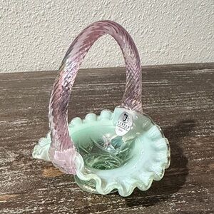 Fenton Green Opalescent  Mini Basket w/Pink Twisted handle